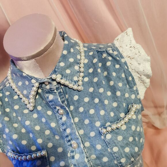 Ank Rouge Size Women's Small Denim Blouse Top Pearl Polka Dot Boho Japan Import - Picture 13 of 16